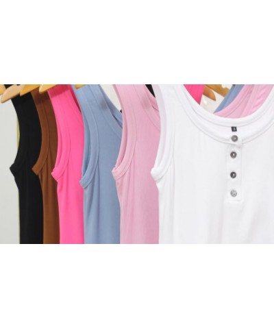 Women's Sleeveless Ribbed Knit Henley Tank Tops Slim Fit Stretchy Summer Casual Top Shirts Rose Red $10.79 Tanks