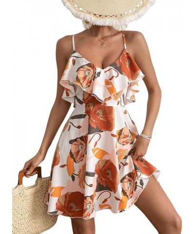 Women's Boho Floral Print Short Sleeve Cold Shoulder Cami Dress Ruffle Hem Short Dresses White and Orange $18.06 Dresses