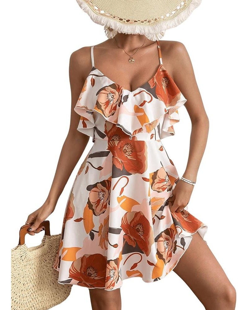 Women's Boho Floral Print Short Sleeve Cold Shoulder Cami Dress Ruffle Hem Short Dresses White and Orange $18.06 Dresses