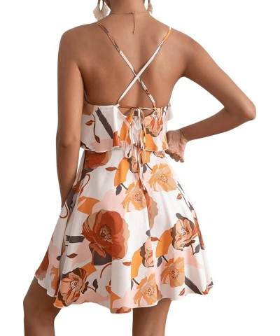 Women's Boho Floral Print Short Sleeve Cold Shoulder Cami Dress Ruffle Hem Short Dresses White and Orange $18.06 Dresses