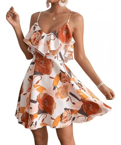 Women's Boho Floral Print Short Sleeve Cold Shoulder Cami Dress Ruffle Hem Short Dresses White and Orange $18.06 Dresses