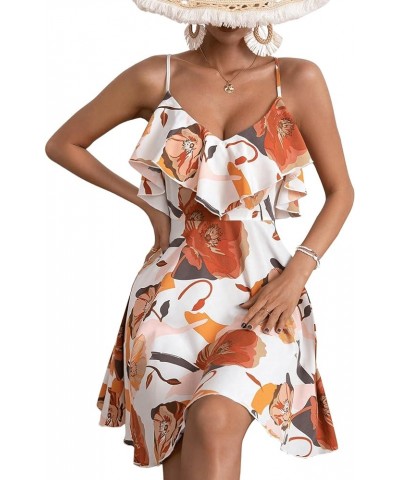 Women's Boho Floral Print Short Sleeve Cold Shoulder Cami Dress Ruffle Hem Short Dresses White and Orange $18.06 Dresses