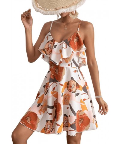 Women's Boho Floral Print Short Sleeve Cold Shoulder Cami Dress Ruffle Hem Short Dresses White and Orange $18.06 Dresses