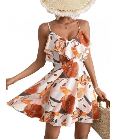 Women's Boho Floral Print Short Sleeve Cold Shoulder Cami Dress Ruffle Hem Short Dresses White and Orange $18.06 Dresses