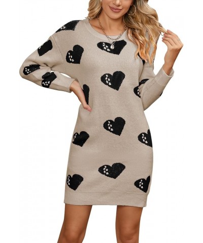 Womens Cute Heart Printed Mini Dress Crew Neck Long Sleeve Ribbed Knit Valentines Sweaters Dress 733 Apricot Large $21.19 Dre...