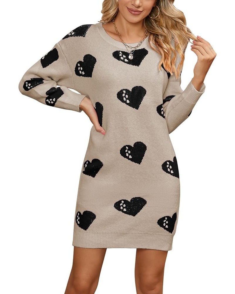 Womens Cute Heart Printed Mini Dress Crew Neck Long Sleeve Ribbed Knit Valentines Sweaters Dress 733 Apricot Large $21.19 Dre...