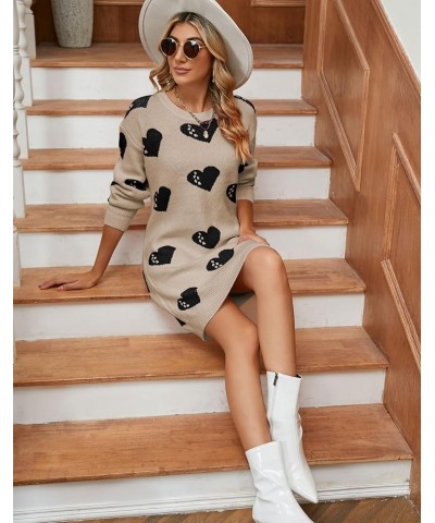 Womens Cute Heart Printed Mini Dress Crew Neck Long Sleeve Ribbed Knit Valentines Sweaters Dress 733 Apricot Large $21.19 Dre...