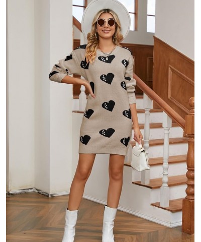 Womens Cute Heart Printed Mini Dress Crew Neck Long Sleeve Ribbed Knit Valentines Sweaters Dress 733 Apricot Large $21.19 Dre...