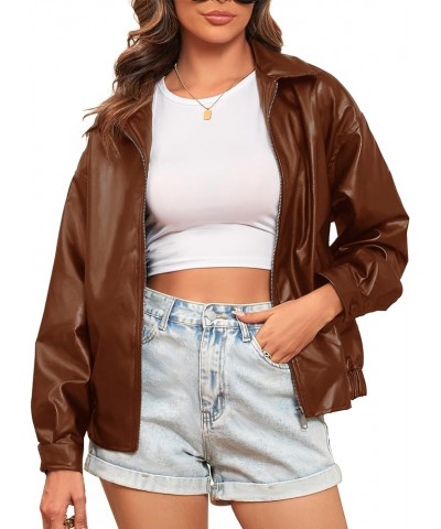 2024 New Women's Faux Leather Bomber Jacket Black Vegan Leather Coat for Women Oversized Brown $22.55 Coats