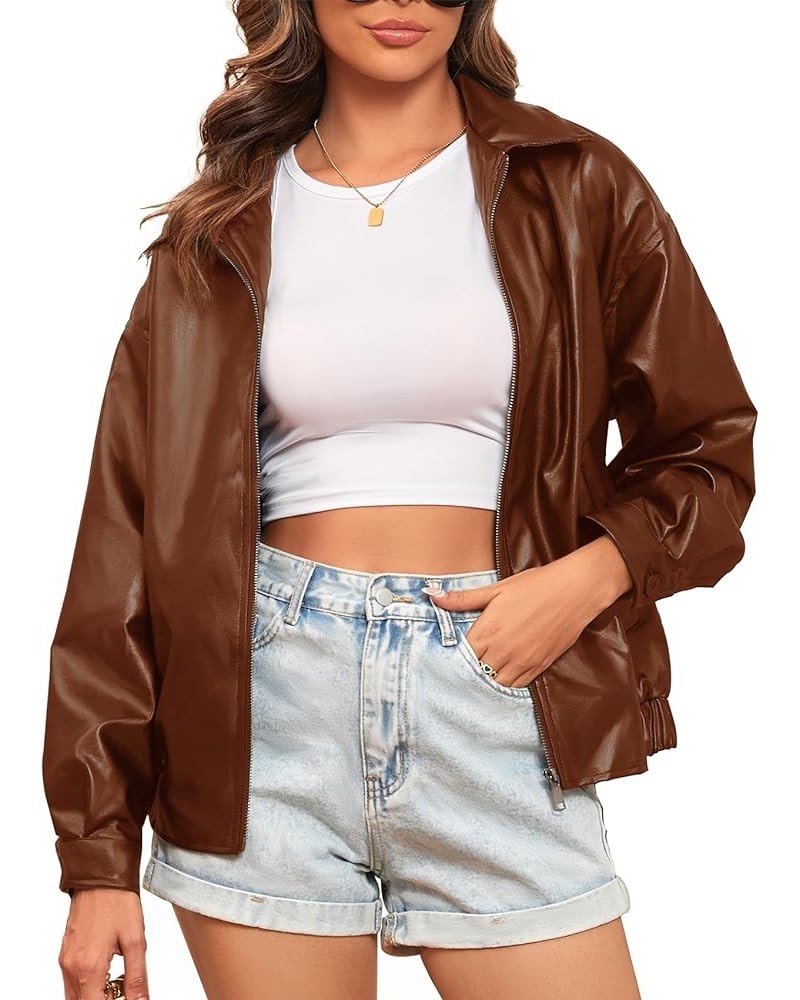 2024 New Women's Faux Leather Bomber Jacket Black Vegan Leather Coat for Women Oversized Brown $22.55 Coats