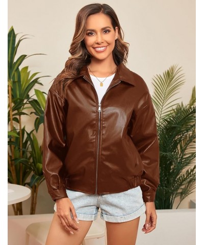 2024 New Women's Faux Leather Bomber Jacket Black Vegan Leather Coat for Women Oversized Brown $22.55 Coats