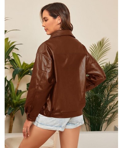 2024 New Women's Faux Leather Bomber Jacket Black Vegan Leather Coat for Women Oversized Brown $22.55 Coats