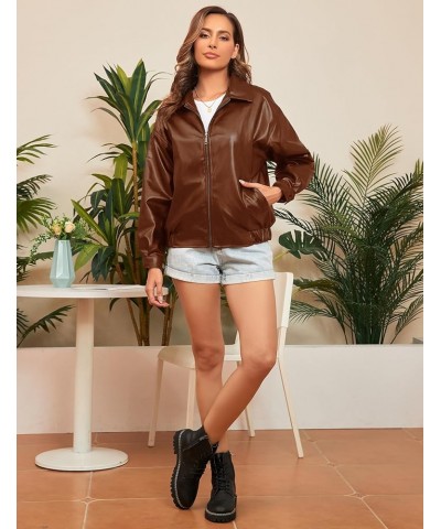 2024 New Women's Faux Leather Bomber Jacket Black Vegan Leather Coat for Women Oversized Brown $22.55 Coats