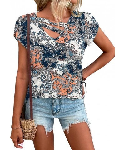 Womens Petal Sleeve Tops Summer Short Sleeve V Neck Cut Out Tee Sexy Casual Basic T Shirts Blouses Z Floral 1 $12.32 T-Shirts