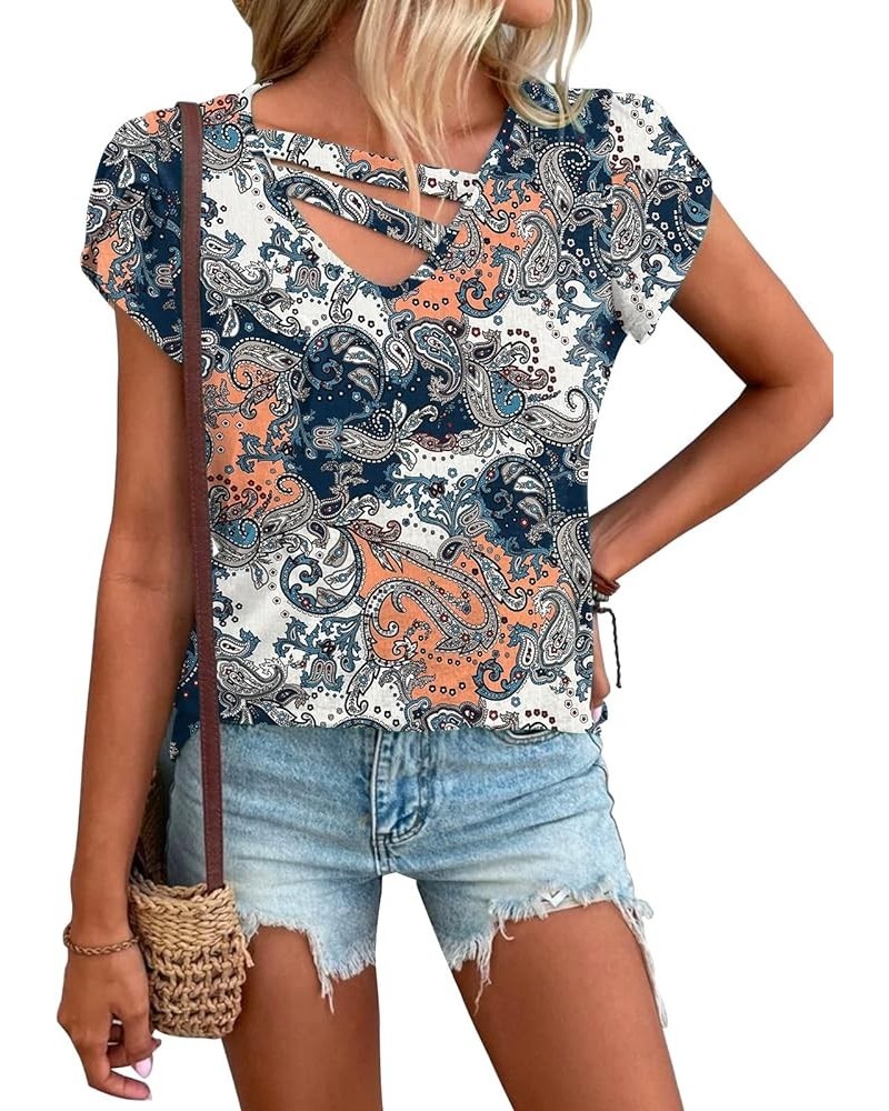 Womens Petal Sleeve Tops Summer Short Sleeve V Neck Cut Out Tee Sexy Casual Basic T Shirts Blouses Z Floral 1 $12.32 T-Shirts