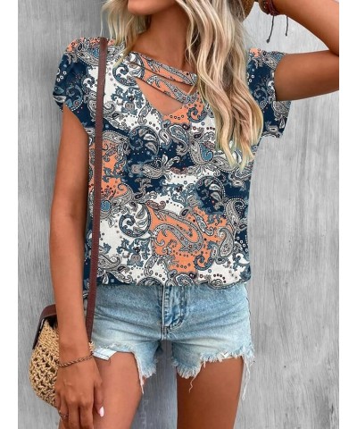 Womens Petal Sleeve Tops Summer Short Sleeve V Neck Cut Out Tee Sexy Casual Basic T Shirts Blouses Z Floral 1 $12.32 T-Shirts