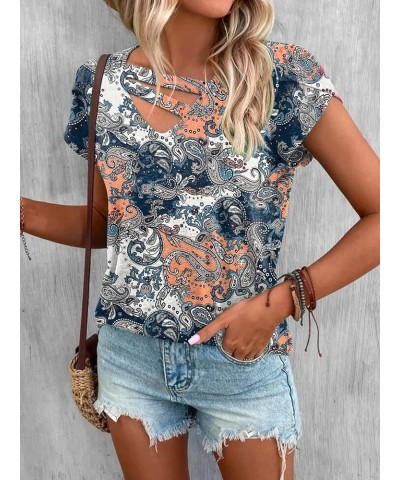 Womens Petal Sleeve Tops Summer Short Sleeve V Neck Cut Out Tee Sexy Casual Basic T Shirts Blouses Z Floral 1 $12.32 T-Shirts