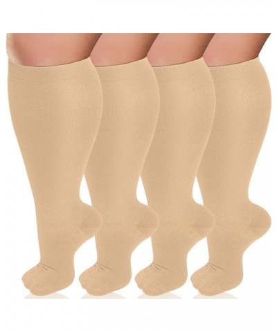 Plus Size Compression Socks for Women & Men 15-20 mmhg Extra Wide Calf Knee High Support Socks for Circulation 01-4 Pack Nude...