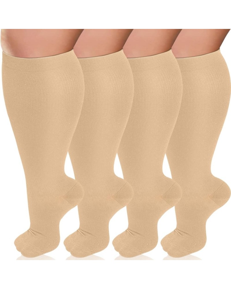 Plus Size Compression Socks for Women & Men 15-20 mmhg Extra Wide Calf Knee High Support Socks for Circulation 01-4 Pack Nude...