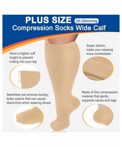 Plus Size Compression Socks for Women & Men 15-20 mmhg Extra Wide Calf Knee High Support Socks for Circulation 01-4 Pack Nude...