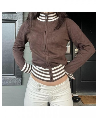 Women Cropped Cardigan Striped Sweater Zip Up Knit Tops Long Sleeve Autumn Knitwear Coat Aesthetic Grunge Clothes Light Brown...