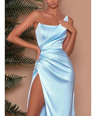 One Shoulder Stretch Satin Bridesmaid Dress with Split Cross Back Pleated Mermaid Prom Party Gowns for Wedding Guest Khaki $2...