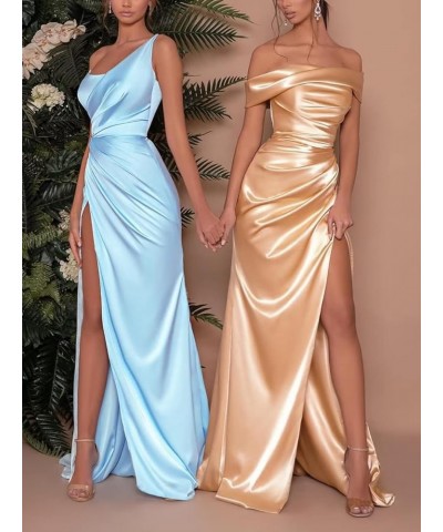 One Shoulder Stretch Satin Bridesmaid Dress with Split Cross Back Pleated Mermaid Prom Party Gowns for Wedding Guest Khaki $2...