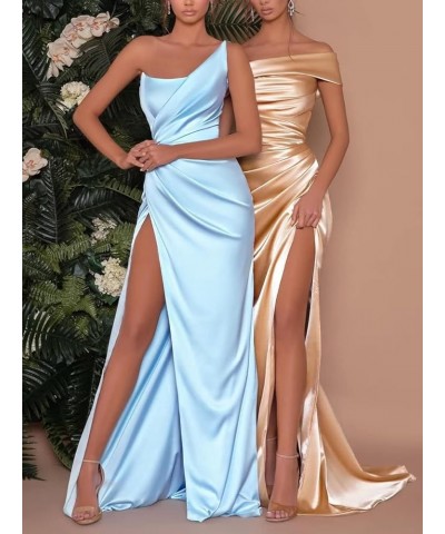 One Shoulder Stretch Satin Bridesmaid Dress with Split Cross Back Pleated Mermaid Prom Party Gowns for Wedding Guest Khaki $2...