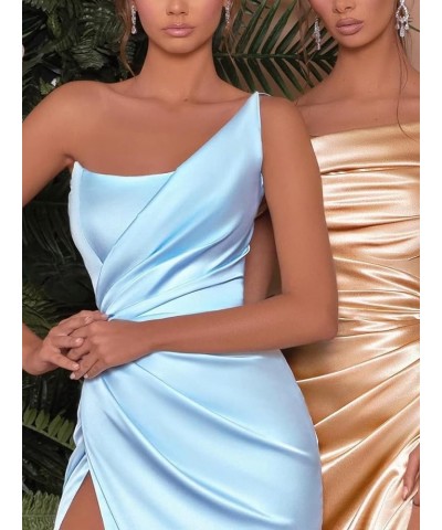 One Shoulder Stretch Satin Bridesmaid Dress with Split Cross Back Pleated Mermaid Prom Party Gowns for Wedding Guest Khaki $2...