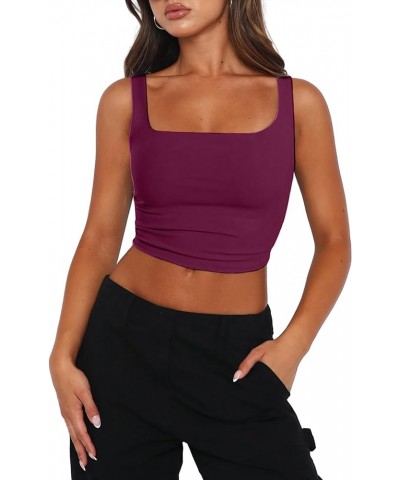 Women's Square Neck Sleeveless Crop Tops 2024 Cute Double Layer Seamless Slim Fit Y2k Tank Tops Burgundy $12.16 Others