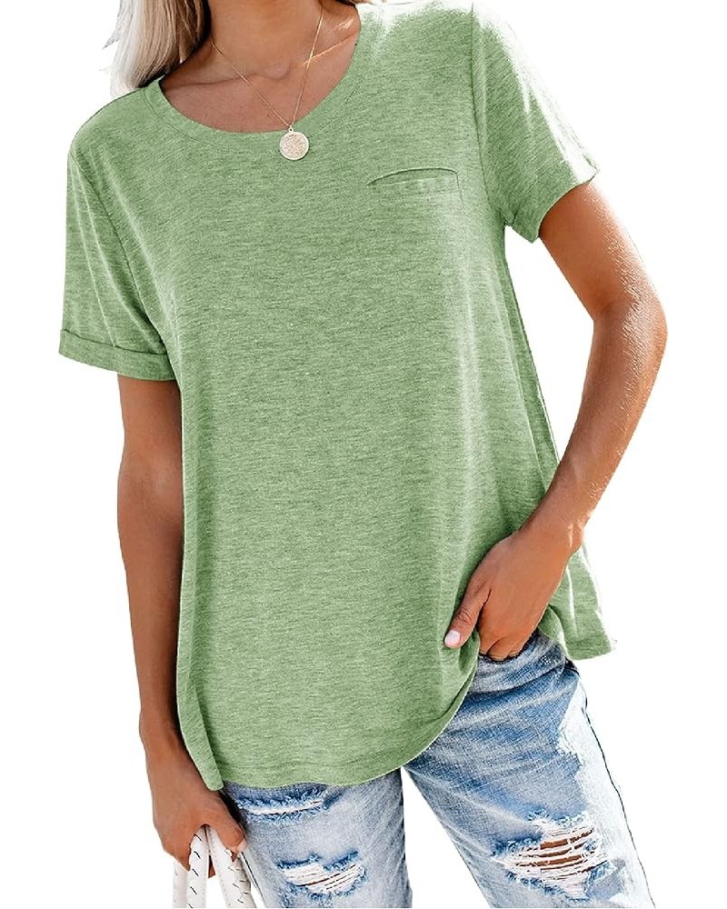 Women's Roll Up Short Sleeve T Shirts Crew Neck Tops Loose Casual Tees with Pocket Olive $9.96 T-Shirts