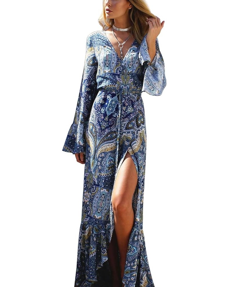 Women's Bohemian Deep V-Neck Bell Sleeve Summer Beach Evening Party Peasant Long Maxi Dress Blue $14.27 Dresses