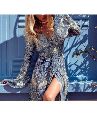 Women's Bohemian Deep V-Neck Bell Sleeve Summer Beach Evening Party Peasant Long Maxi Dress Blue $14.27 Dresses