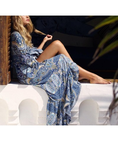 Women's Bohemian Deep V-Neck Bell Sleeve Summer Beach Evening Party Peasant Long Maxi Dress Blue $14.27 Dresses