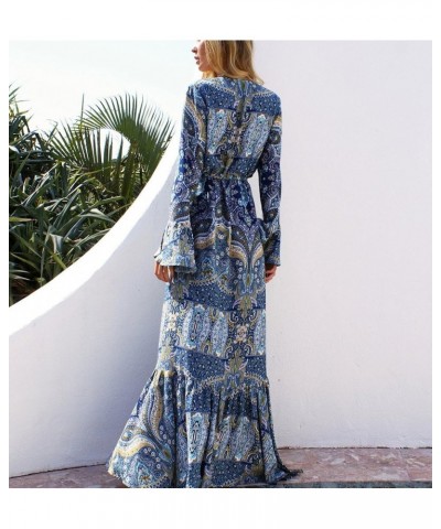 Women's Bohemian Deep V-Neck Bell Sleeve Summer Beach Evening Party Peasant Long Maxi Dress Blue $14.27 Dresses