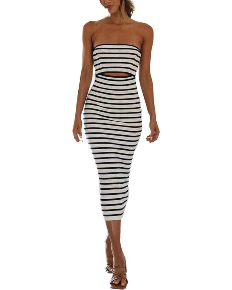 Women Strapless Knitted Maxi Dress Tube Backless Hollowed Off Shoulder Striped Patchwork Bodycon Long Dress Clubwear A Navy S...