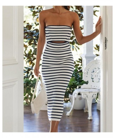 Women Strapless Knitted Maxi Dress Tube Backless Hollowed Off Shoulder Striped Patchwork Bodycon Long Dress Clubwear A Navy S...