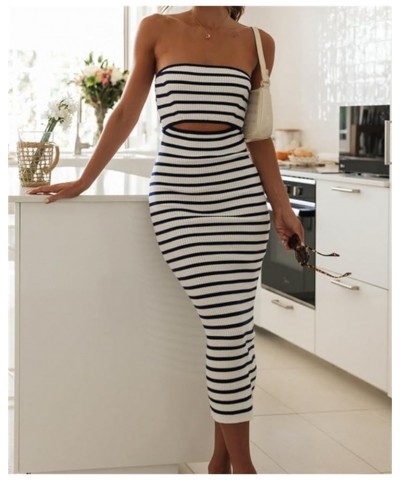 Women Strapless Knitted Maxi Dress Tube Backless Hollowed Off Shoulder Striped Patchwork Bodycon Long Dress Clubwear A Navy S...