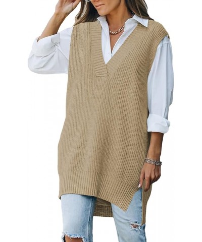 Women's Oversized V Neck Knitted Sweater Vest Casual Loose Sleeveless Sweater Pullover 01-khaki $20.13 Sweaters