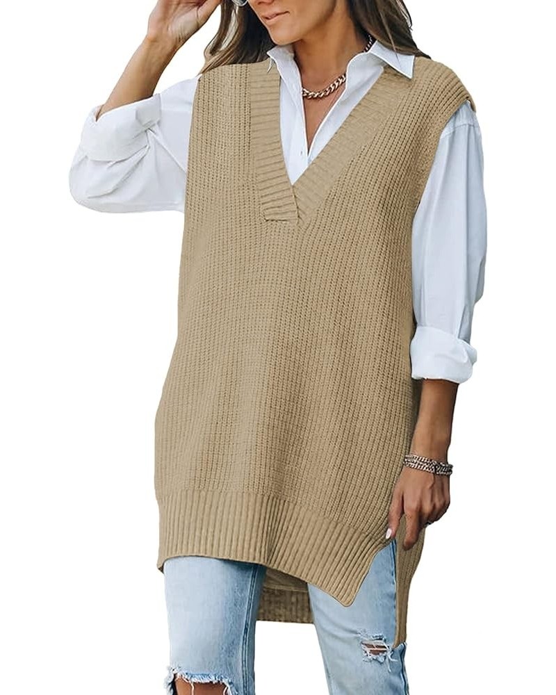 Women's Oversized V Neck Knitted Sweater Vest Casual Loose Sleeveless Sweater Pullover 01-khaki $20.13 Sweaters