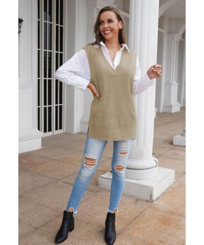 Women's Oversized V Neck Knitted Sweater Vest Casual Loose Sleeveless Sweater Pullover 01-khaki $20.13 Sweaters