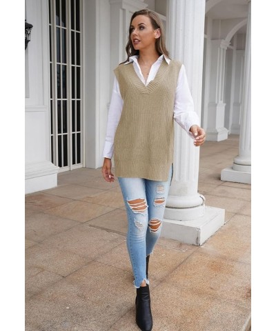 Women's Oversized V Neck Knitted Sweater Vest Casual Loose Sleeveless Sweater Pullover 01-khaki $20.13 Sweaters