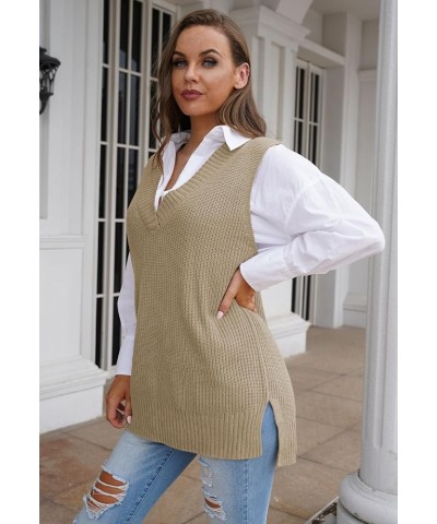 Women's Oversized V Neck Knitted Sweater Vest Casual Loose Sleeveless Sweater Pullover 01-khaki $20.13 Sweaters