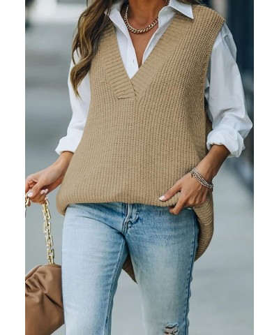 Women's Oversized V Neck Knitted Sweater Vest Casual Loose Sleeveless Sweater Pullover 01-khaki $20.13 Sweaters