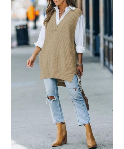 Women's Oversized V Neck Knitted Sweater Vest Casual Loose Sleeveless Sweater Pullover 01-khaki $20.13 Sweaters