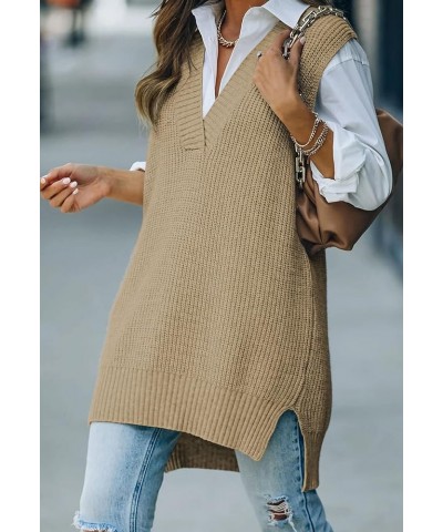 Women's Oversized V Neck Knitted Sweater Vest Casual Loose Sleeveless Sweater Pullover 01-khaki $20.13 Sweaters