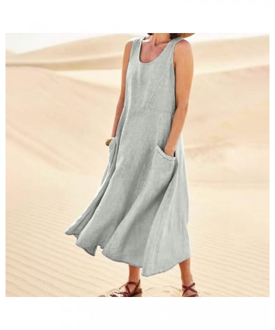 Womens Summer Dresses Cotton Linen Dresses for Women 2023 Spring Summer Casual 3/4 Sleeve Midi Sun Dress Beach Dress Y1a-gray...