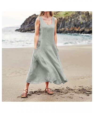 Womens Summer Dresses Cotton Linen Dresses for Women 2023 Spring Summer Casual 3/4 Sleeve Midi Sun Dress Beach Dress Y1a-gray...