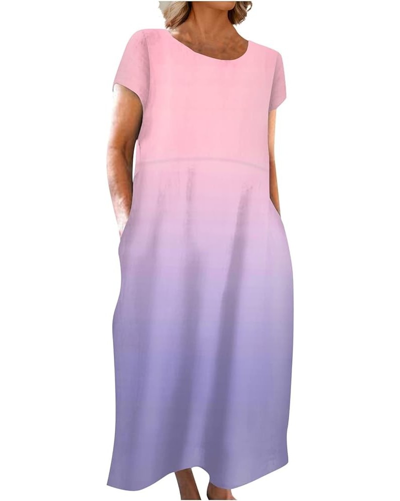 Women's Casual Dress Loose Sundress Long Dress Short Sleeve Pockets Boho Dress Summer O-Neck Beach Vacation Dress 04-pink $10...