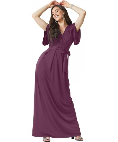 Formal Short Sleeve Cocktail Flowy V-Neck Gown Plum Dark Purple $28.97 Dresses